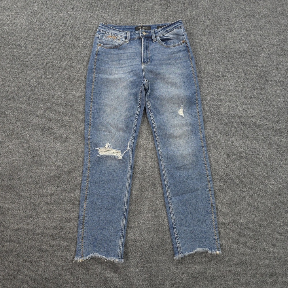 Judy Blue Jeans Womens 5/27 Blue Boyfriend Mid Rise Distressed Stretch Denim